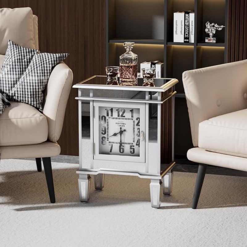 Mirrored Nightstand Clock End Table Silver Bedside Table Living Room - 19"x13"x25"