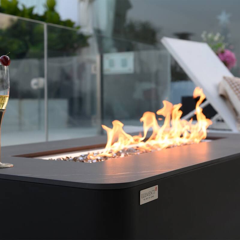 Elementi Plus Valencia Outdoor Fire Pit Table Concrete Rectangular 60000 BTU - 62 x 30 inches with Lid, Fire Glass, and Cover