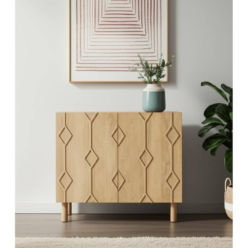 HomeRoots 36" Natural Solid Wood Carved Geometric Accent Cabinet With Two Doors - Natural