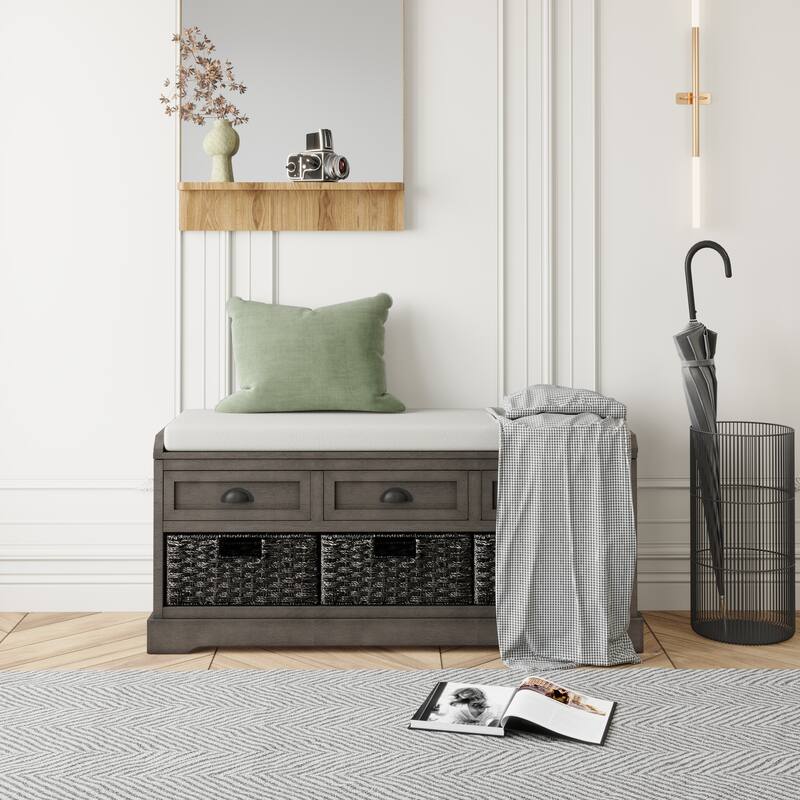 Homes Collection Wood Storage Bench with 3 Drawers and 3 Baskets