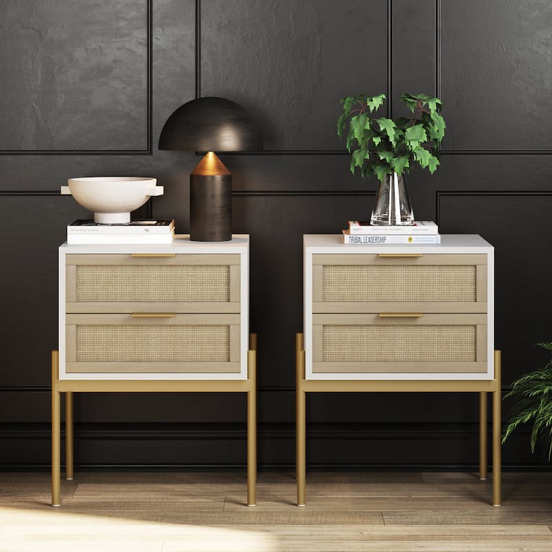 Nathan James Andrew Rattan End Side Table Storage Doors Gold Accents - White Set of 2
