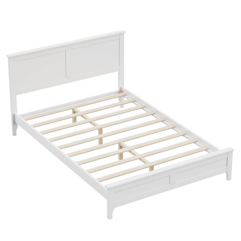 Modern White Solid Wood Full Platform Bed with Headboard and Slat Design