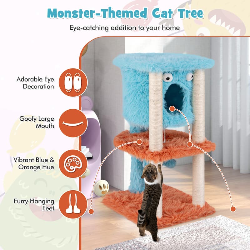 Cute Monster-Themed Cat Tower with 4 Fully Wrapped Scratching Posts and Plush Surface - 16" x 19" x 34"