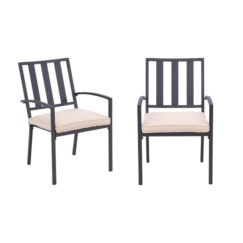 Set of Two Dark Gray Aluminum Outdoor Stacking Dining Chairs with Beige Cushion