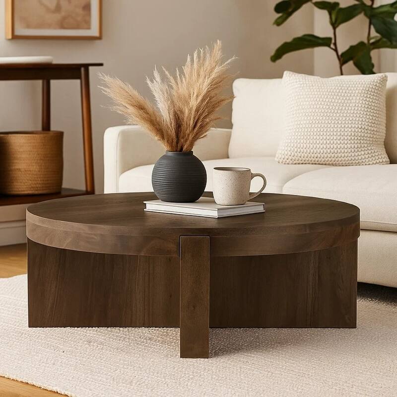 Kinaj Coffee Table, Dark Brown Solid Mango Wood, Round 38 Inch Top