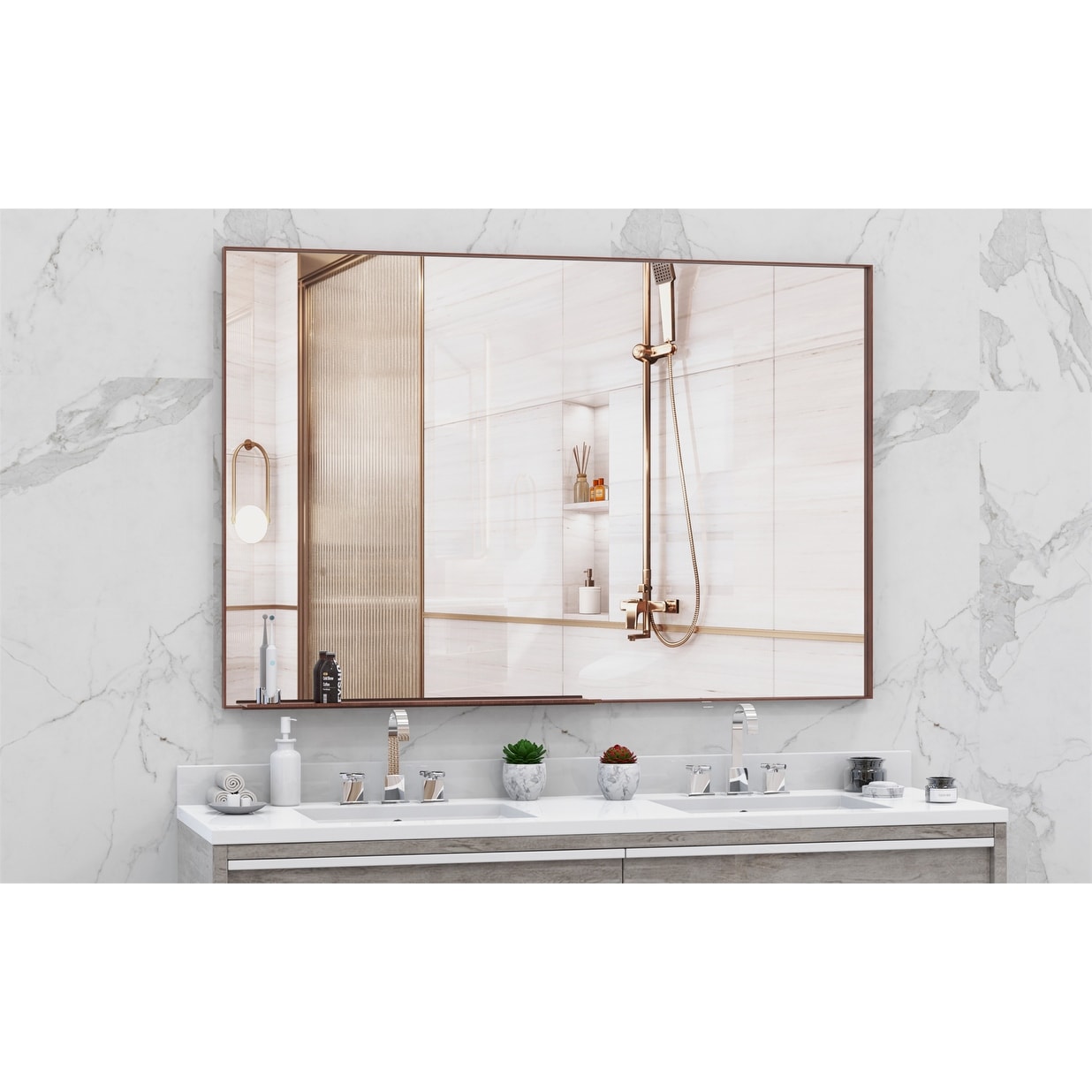 60"x40" Oversized Modern Rectangle Bathroom Mirror with Walnut Frame