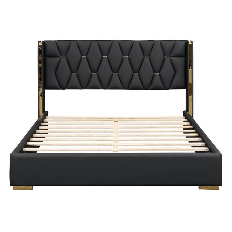 Modern PU Upholstered Bed with Metal Strips