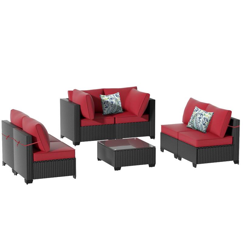 7-Piece Outdoor Patio Furniture Set Sectional Sofa Chairs and Tempered Glass Coffee Table PE Rattan Steel Frame with Cushions