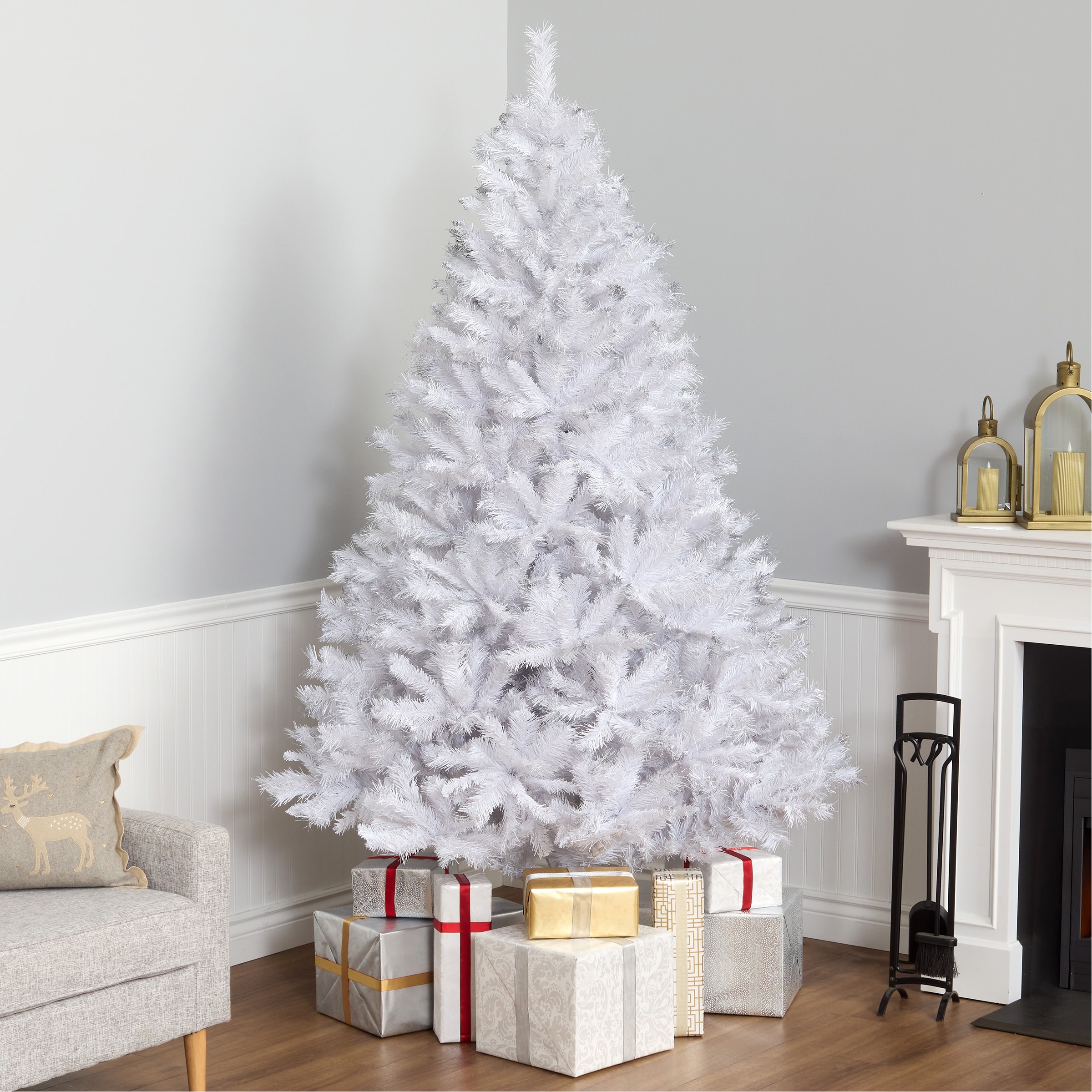 National Tree Company 7.5 ft Unlit Winchester Pine Artificial Christmas Tree, 1,198 Tips, Silver Glitter, Includes Stand, White