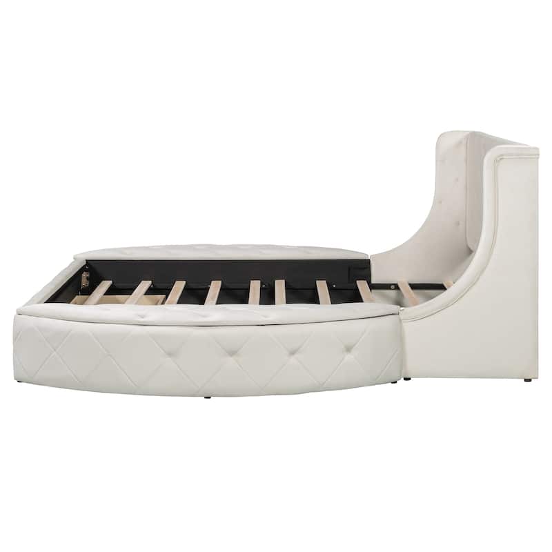 Low Profile Bed Queen Size Velvet Upholstered Platform Bed with Wingback Headboard, Big Drawer and 2 Semicircle Side Stools