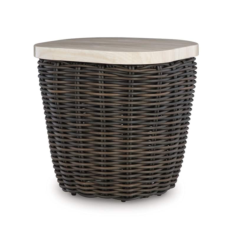 Kimo Outdoor Square End Table, Dark Brown Wicker Details, 23 Inch