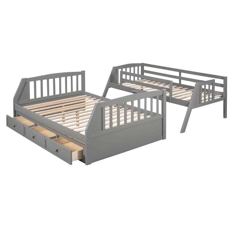 Twin-Over-Full Wooden Bunk Bed with Drawers，Ladder and Storage Staircase, Gray