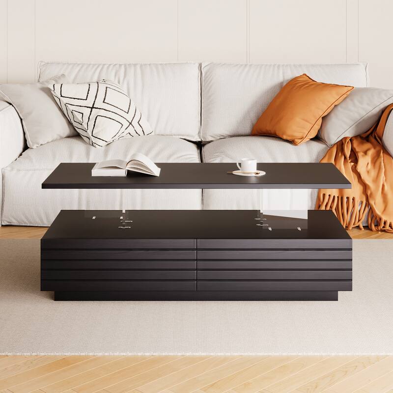 Modern White Rectangular LED Lights Coffee Table with 2 Drawers - Black