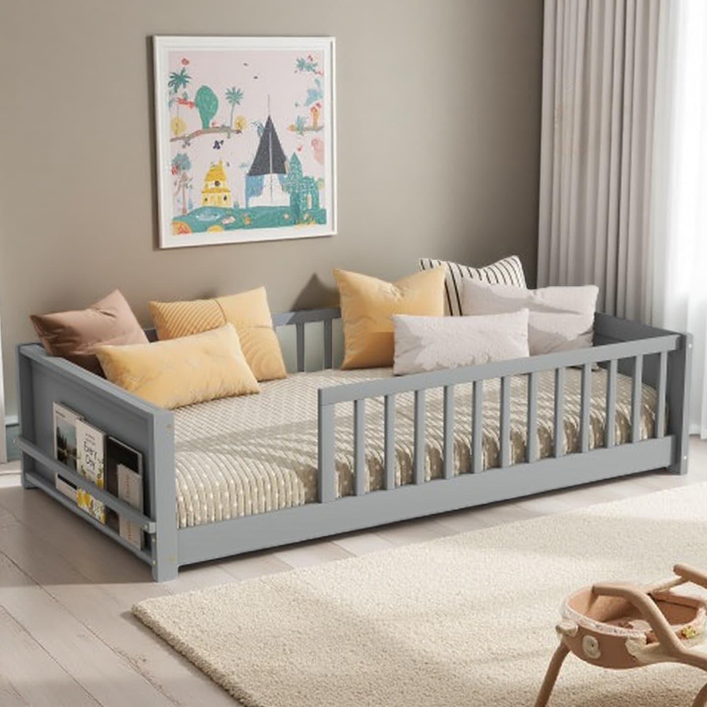 Twin Floor Platform Bed with Built-in Book Storage and Safety Guardrails, Sturdy Rubber Wood Frame