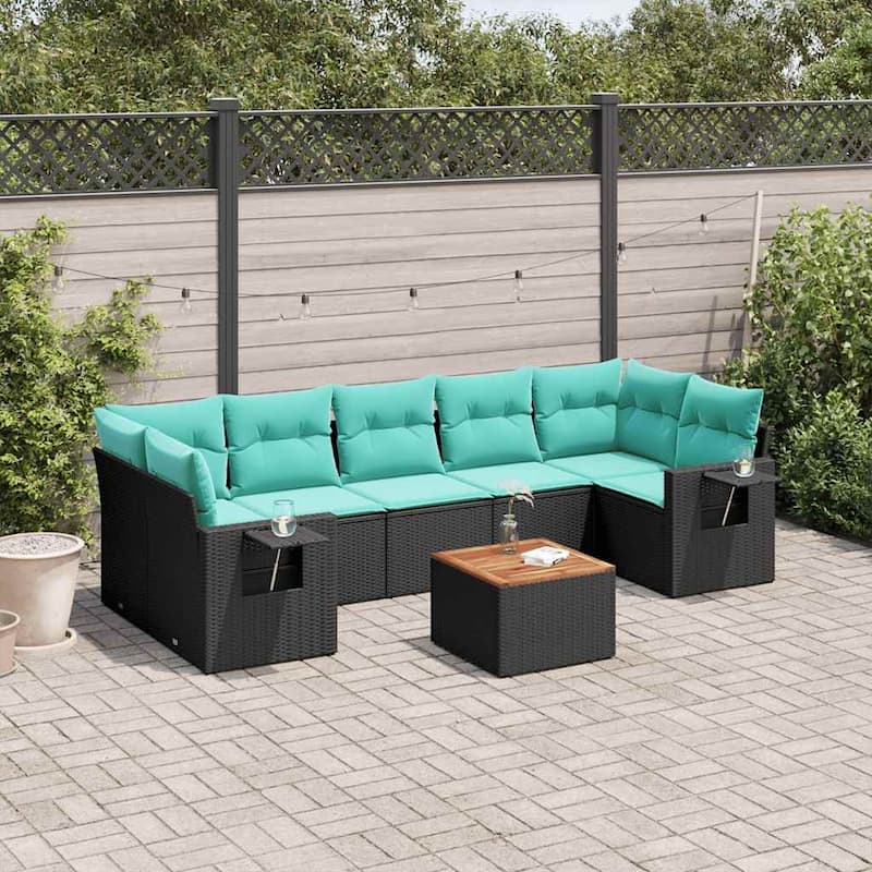 vidaXL 8 Piece Patio Sofa Set with Cushions Black Poly Rattan - 24.4" x 24.4" x 27.2" - Black and blue