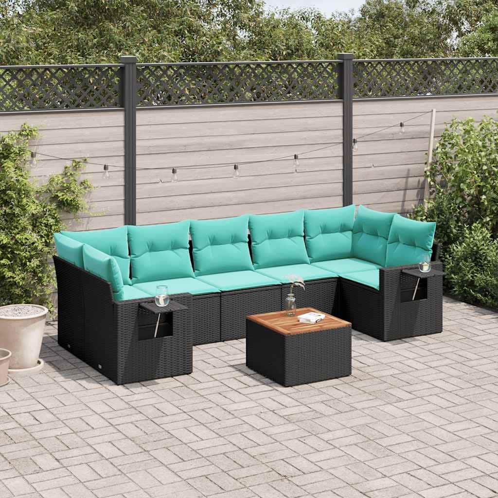 vidaXL 8 Piece Patio Sofa Set with Cushions Black Poly Rattan - 24.4" x 24.4" x 27.2"