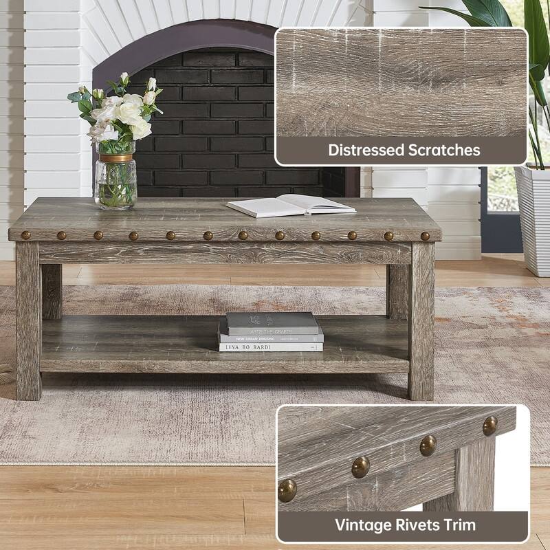 47" Rustic Distressed 2-Tier Coffee Table with Rivet Design