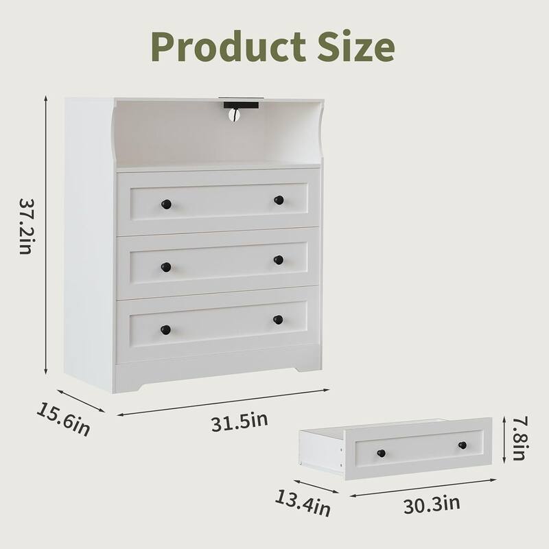 3 Drawer Dresser for Bedroom with Charging Station & LED Lights