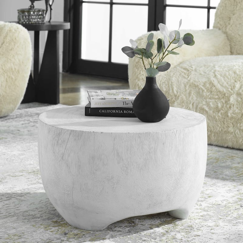 Hand Carved Textured Coffee Accent Table - 23.5" - Matte White