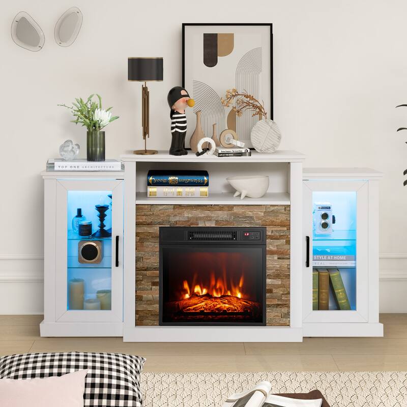 Electric Fireplace TV Stand with 16-Color LED Lights and Adjustable Glass Shelves for Living Room - 59" x 10" x 32.5"