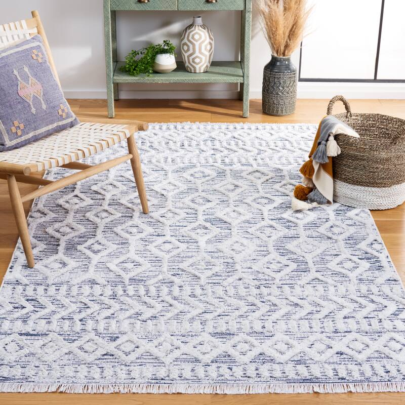 SAFAVIEH Augustine Vaili Moroccan Boho Fringe Rug - 6'4" x 9'6" - Ivory/Blue