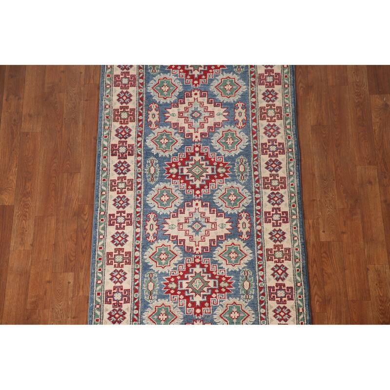 Blue Geometric Kazak Runner Rug Handmade Oriental Wool Carpet - 2'8" x 12'7"