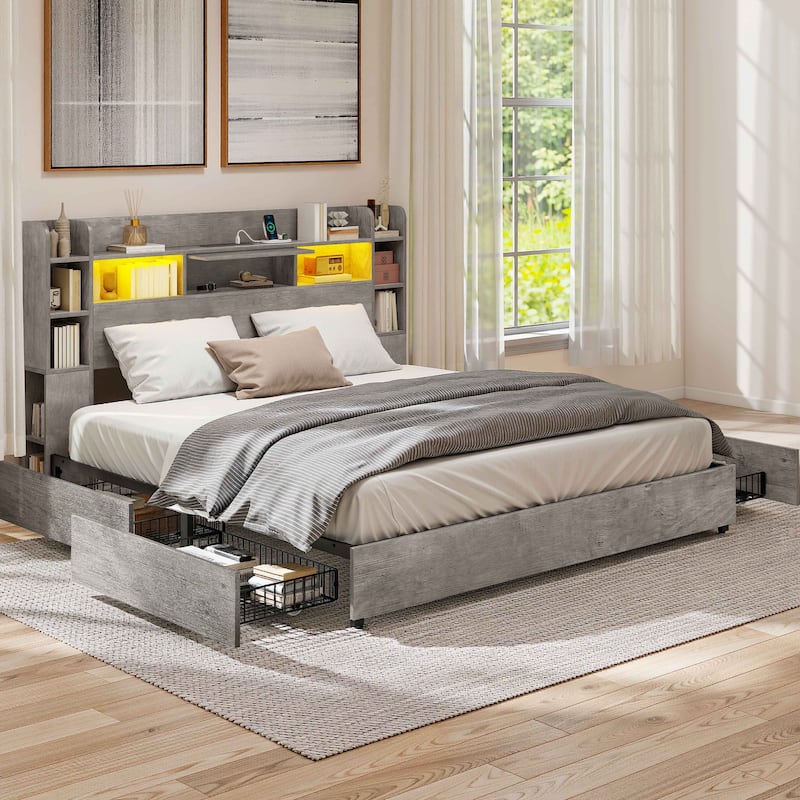 Moasis Queen/King Size Bed Frame with Bookcase Headboard and 4 Storage Drawers