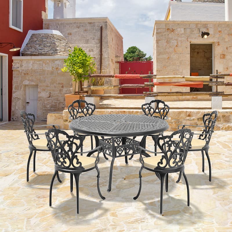 5/7-Piece Cast Aluminum Outdoor Dining Set with 48.03 in. Round Table and Random Color Cushions - Black(7-Piece Sets-C)