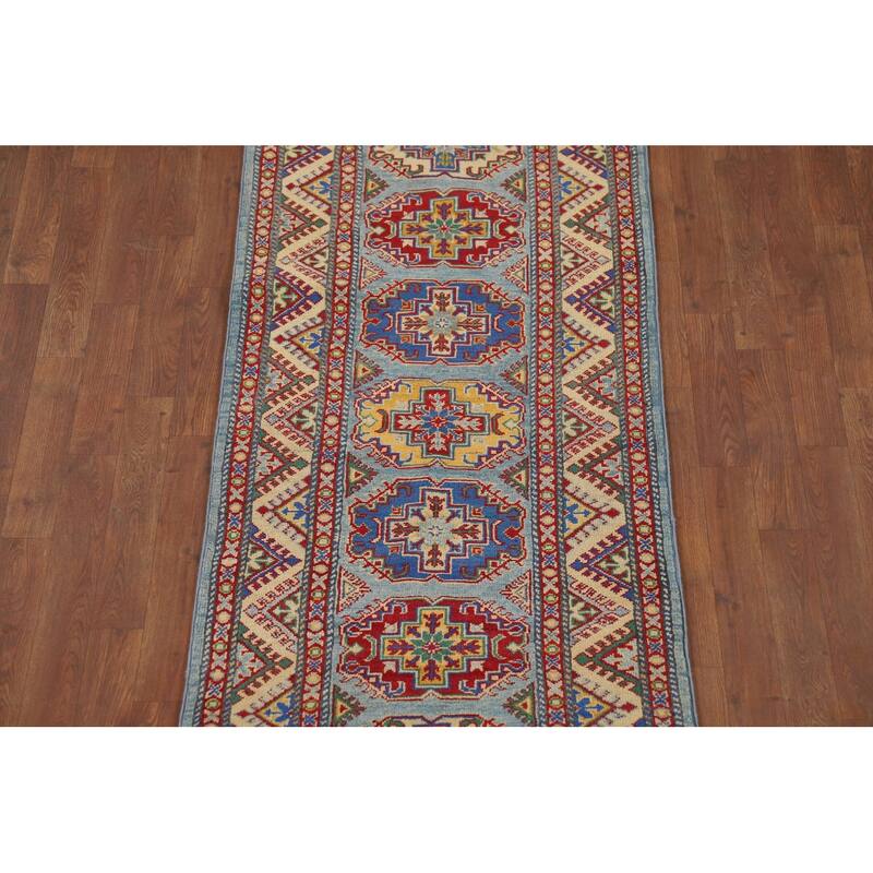 Light Blue Kazak Oriental Runner Rug Hand-Knotted Wool Carpet - 2'7" x 12'9"