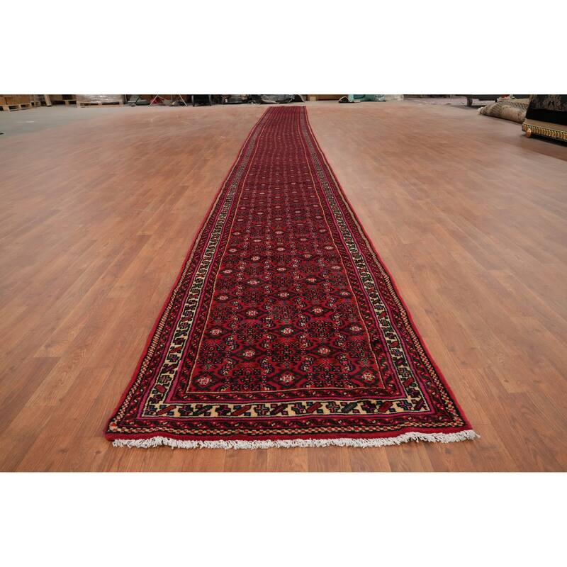 Hand Knotted Oriental 100% Wool Carpet Traditional Geometric Red Hossainabad Runner Rug - 31' 6'' X 2' 8''