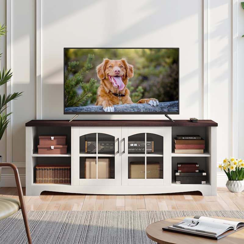 EROMMY Solid Wood TV Stand, Modern Entertainment Center with Glass Doors & Adjustable Shelves. - 58-inch.
