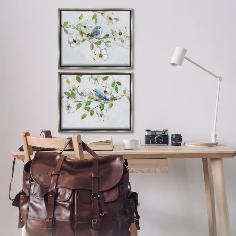 Stupell Perched Bluebirds on Branch Framed Floater Canvas Wall Art Design By Sally Swatland (Set of 2)