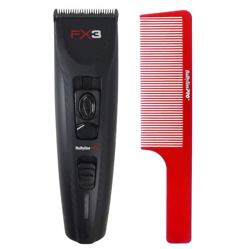BaByliss Pro FX3 Black High Torque Cordless Clipper FXX3CB (Black) + BaByliss Pro Barberology 9 Inch Clipper Comb - Red - Black