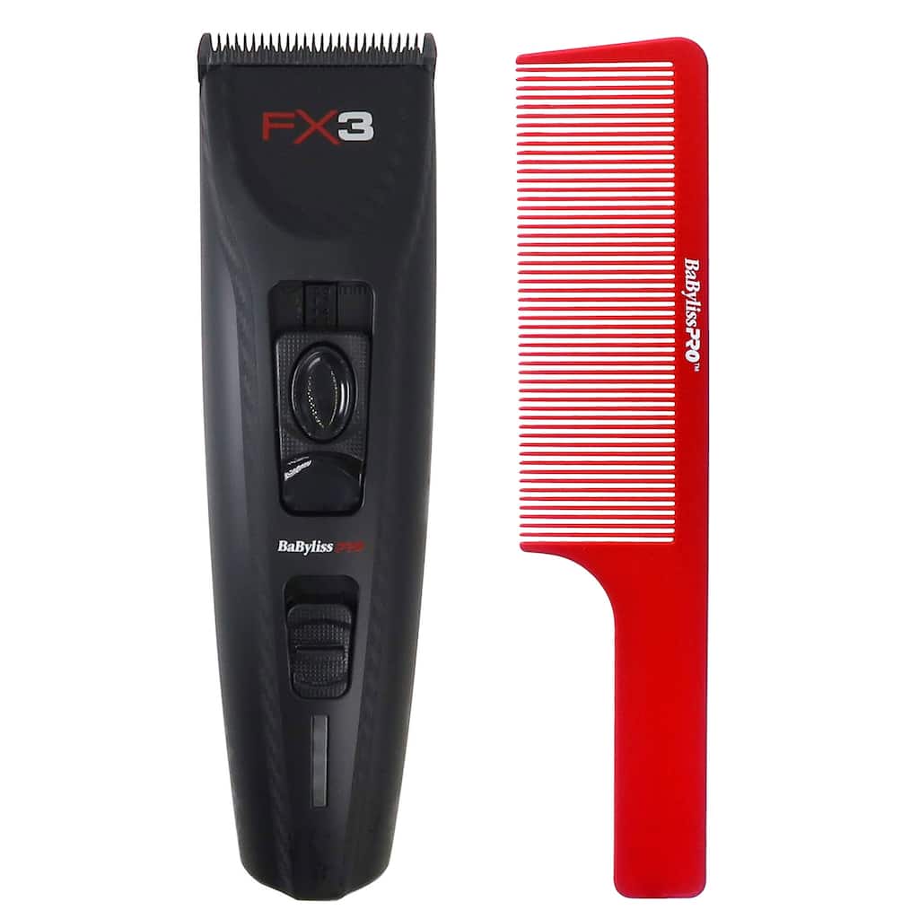 BaByliss Pro FX3 Black High Torque Cordless Clipper FXX3CB (Black) + BaByliss Pro Barberology 9 Inch Clipper Comb - Red
