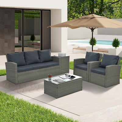 Seasonal PE Wicker Furniture set 5 piece With Tempered Glass Table Top