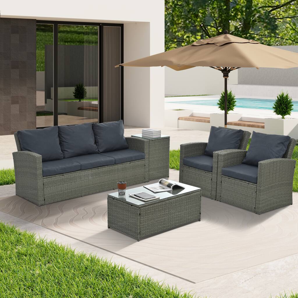 Seasonal PE Wicker Furniture set 5 piece With Tempered Glass Table Top