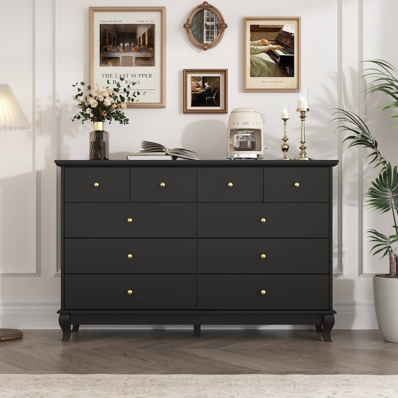 Black 8 Drawer Dresser with Solid Wood Legs, Modern Double Dresser Storage Cabinet for Bedroom, 55.1" Wide