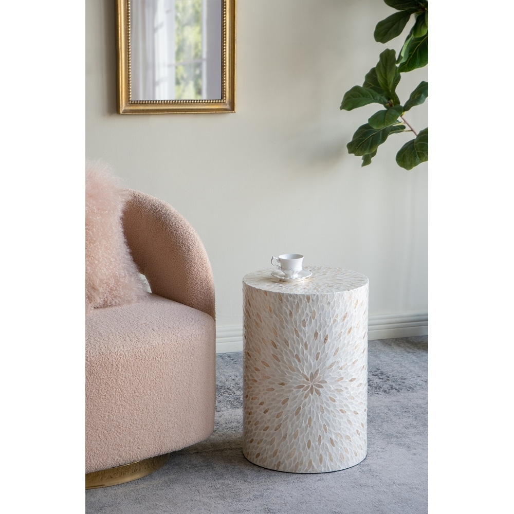 14x14x20" Decorative Drum Stool With Gold And White Capiz Design
