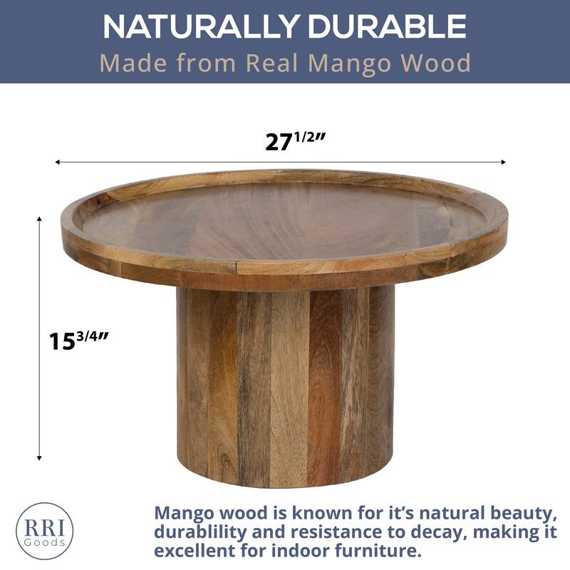 Round Mango Wood Coffee Table with Rimmed Bowl Top - 27.5" Wide Rustic Pedestal Base for Living Room
