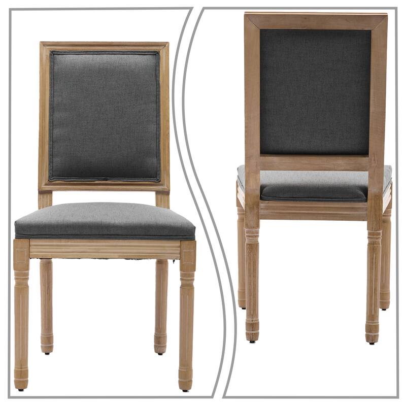 Elegant French Style Set of Two Linen Upholstered Dining Chairs with Solid Rubberwood Frame Legs