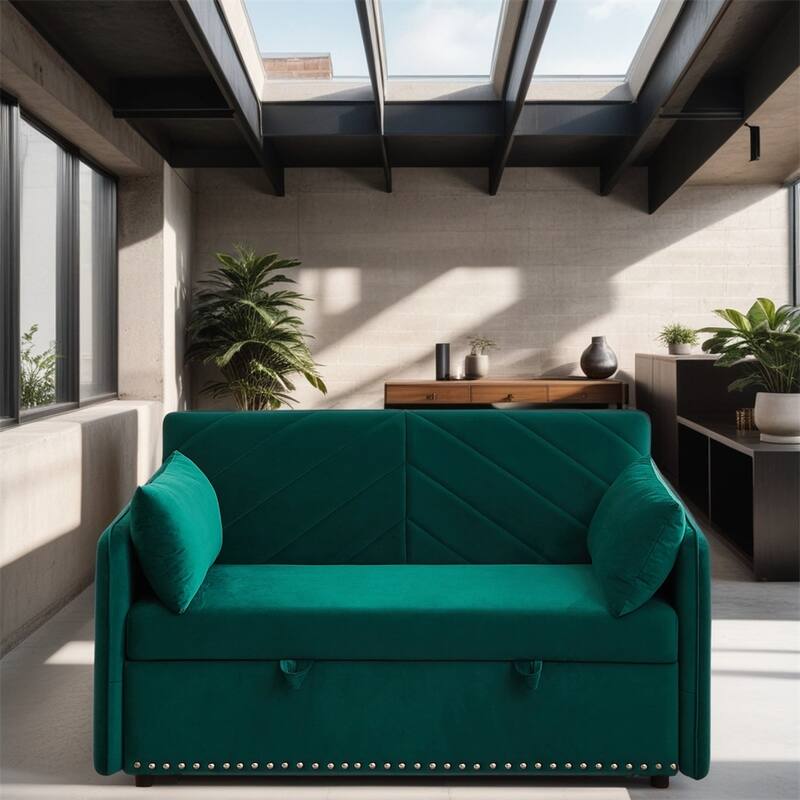 Pull-Out Velvet Sleeper Sofa Bed with USB Port and Side Pocket - Green