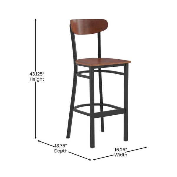 dimension image slide 4 of 13, Commercial Metal Barstool with Wood Seat and Boomerang Back