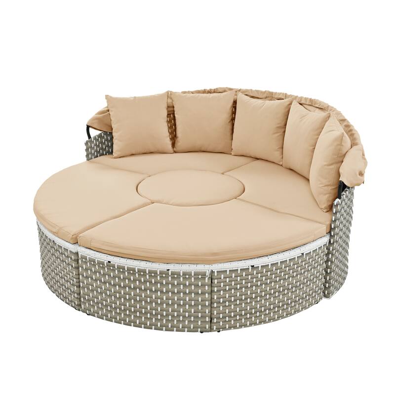 Round Patio Sectional Rattan Daybed with Retractable Canopy,Two-Tone Weave,Separate Seating and Removable Cushion