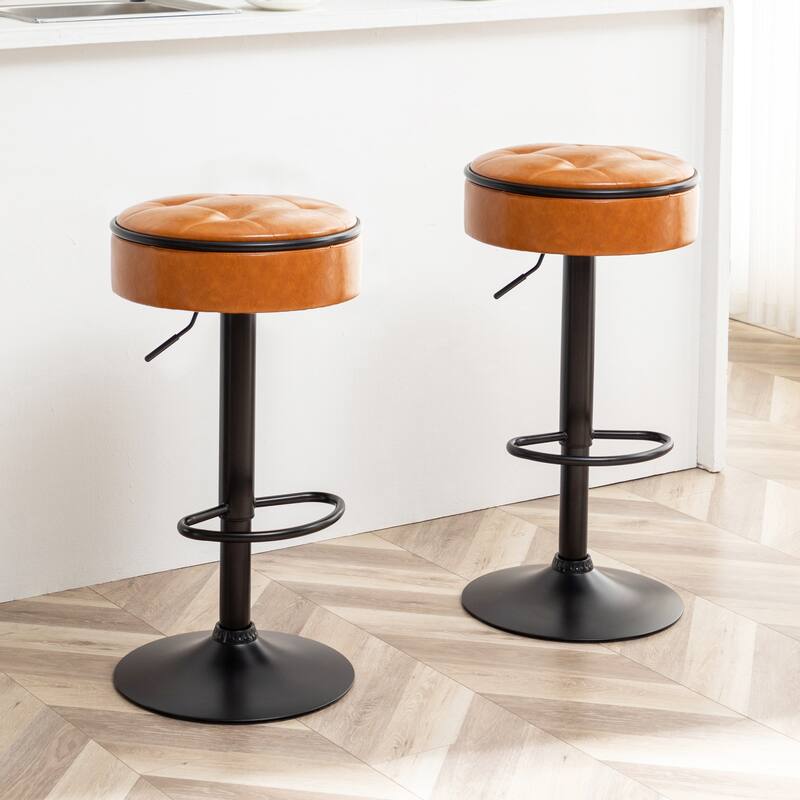 Round Storage Bar Stool Set of 2, Swivel Counter Height Chairs with Metal Frame, Faux Leather Armless Bar Chair - Brown
