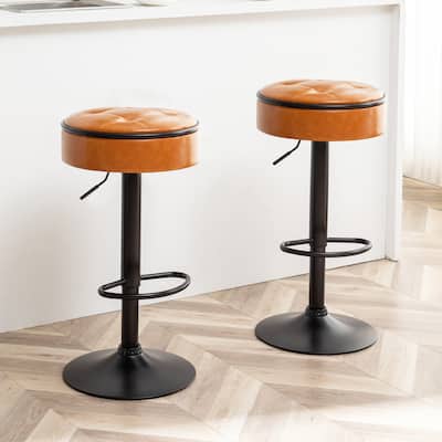 Round Storage Bar Stool Set of 2, Swivel Counter Height Chairs with Metal Frame, Faux Leather Armless Bar Chair