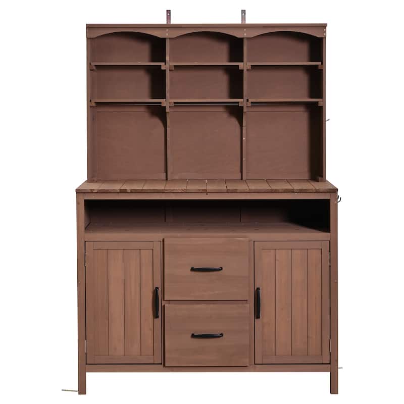 45" Fir Wood Outdoor Potting Bench with Hutch, Cabinets, and Drawers