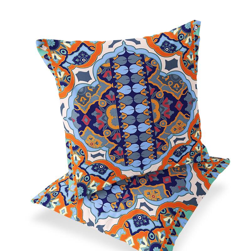 HomeRoots Set of Two 16" X 16" Blue and Orange Blown Seam Floral Indoor Outdoor Throw Pillow - 16.00' X '16.00' X '5.00