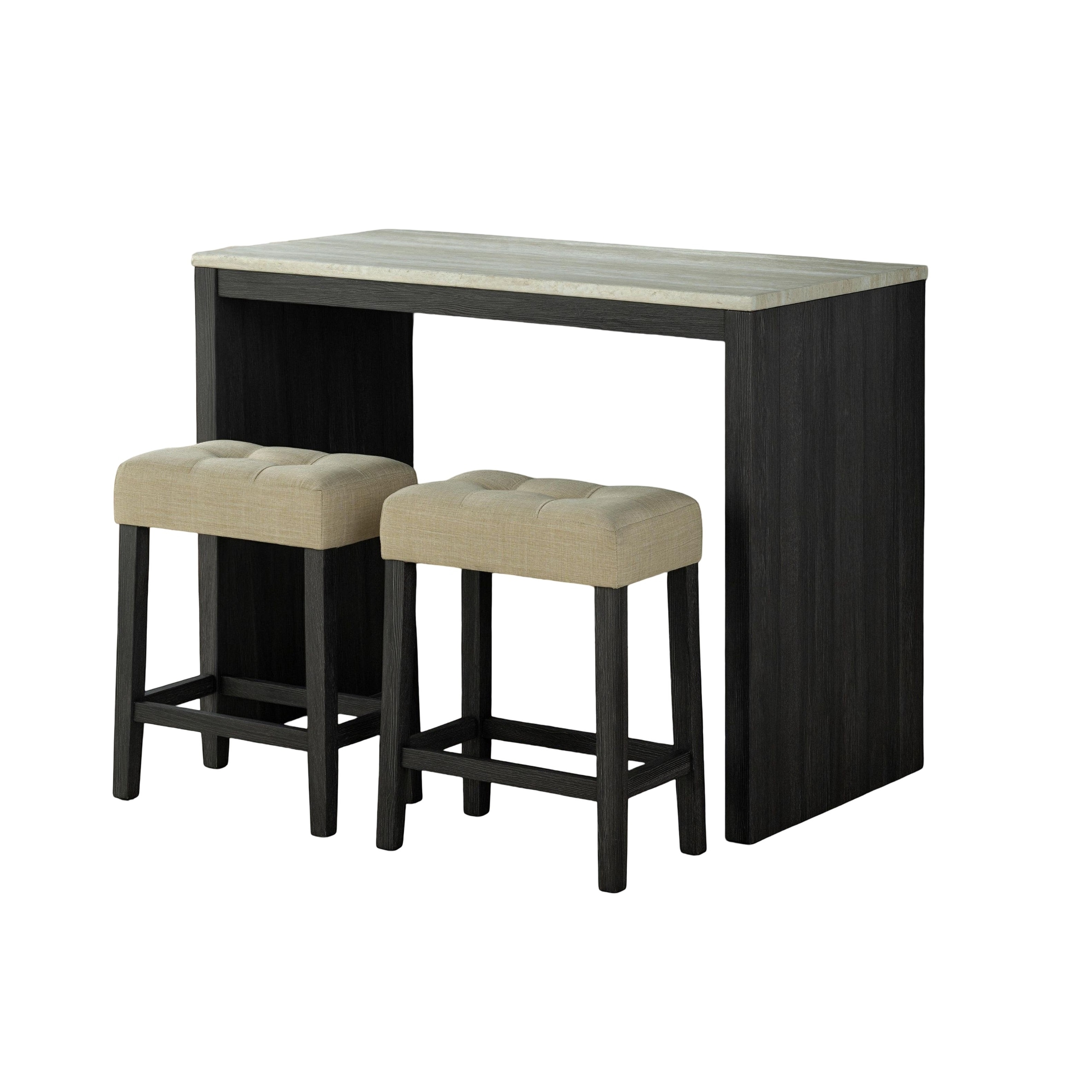 3-Piece Transitional Dining Set, Two Tone Design, Table With 2 Stools, Tufted Beige Seats