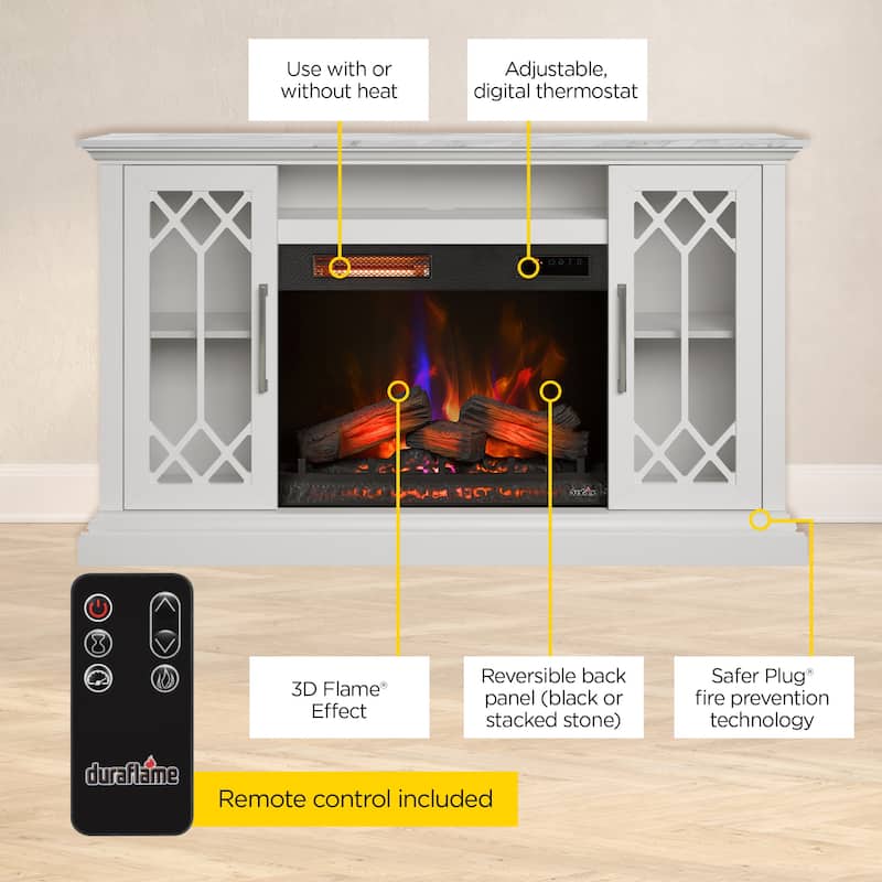 duraflame® Electric Fireplace Media Console for 65 Inch TVs with Glass Doors, Bright White