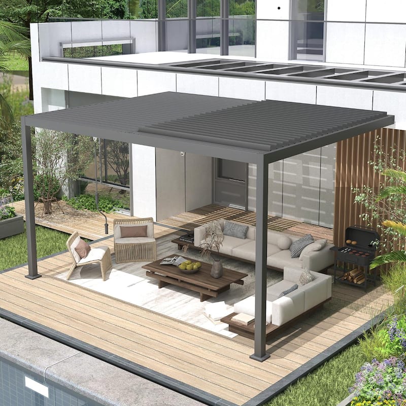 EROMMY Outdoor Louvered Pergola Gazebo with Adjustable Aluminum Rainproof Roof and Pull-Down Screen